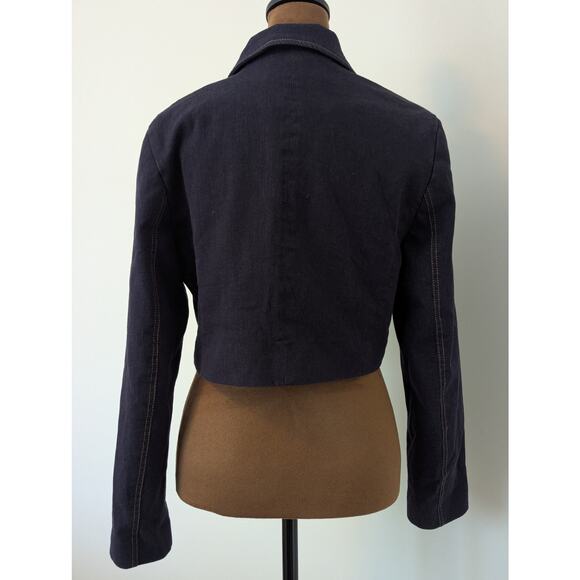Zara Cropped Suit Jacket Coat Dark Blue Stretchy Denim Button Up Sz M - Picture 5 of 8